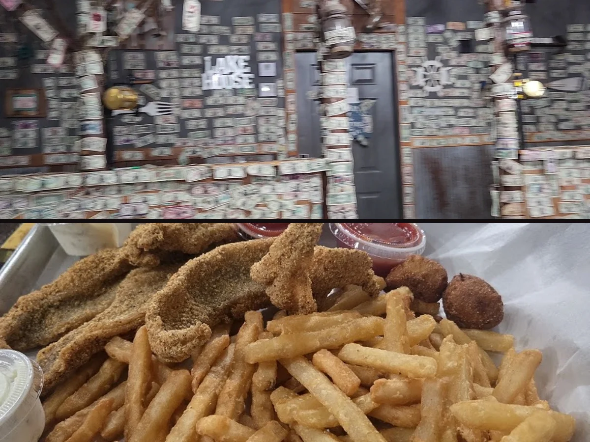 Fried seafood plates on a casual restaurant table.