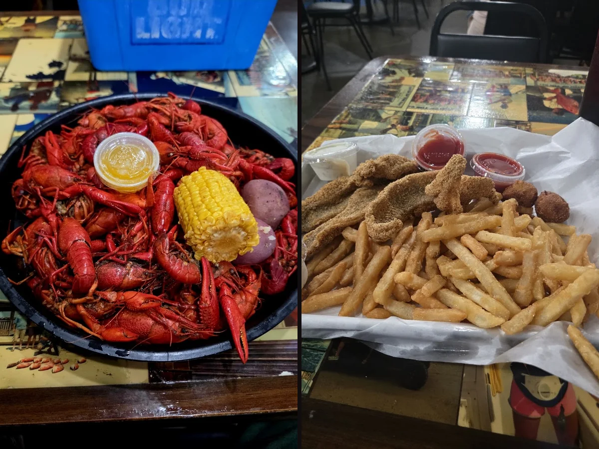 Crisp catfish and shrimp served with simple sides.
