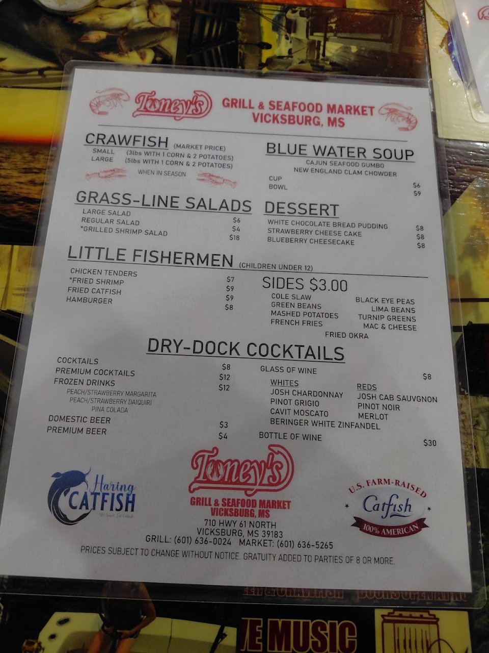 Menu page with appetizers, poboys, and platters.
