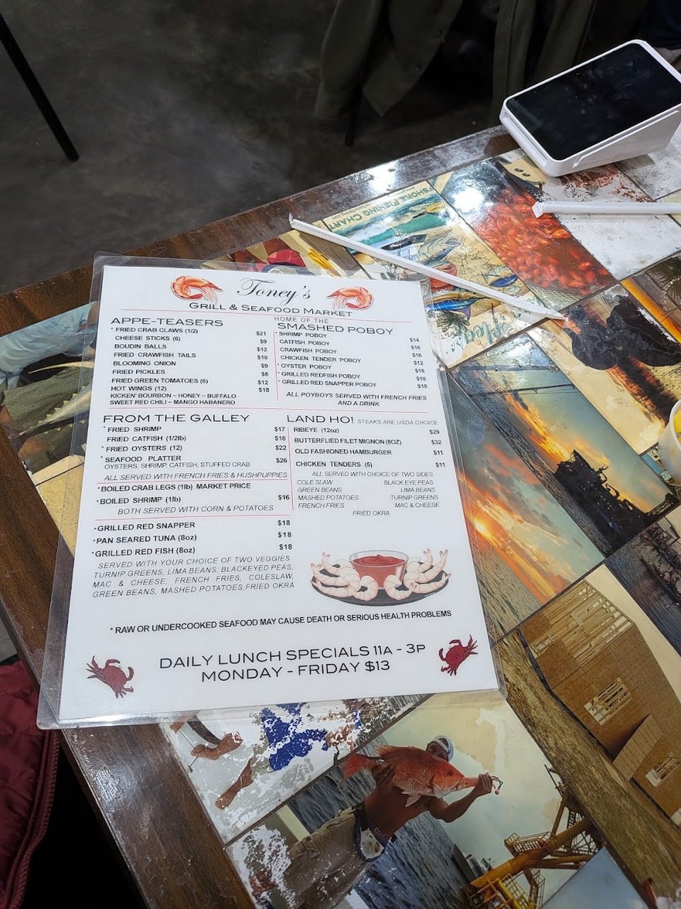Sections for appetizers, galley plates, and land items.
